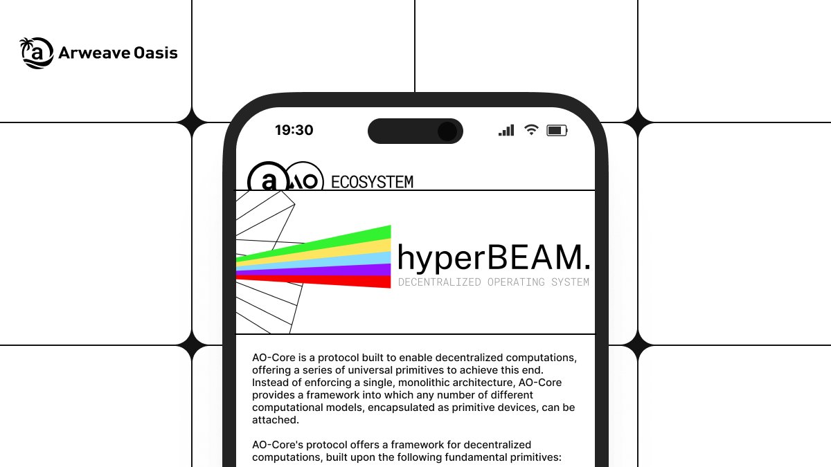 Arweave Oasis graphic showing a smartphone with the hyperBEAM logo and AO-Core protocol text.